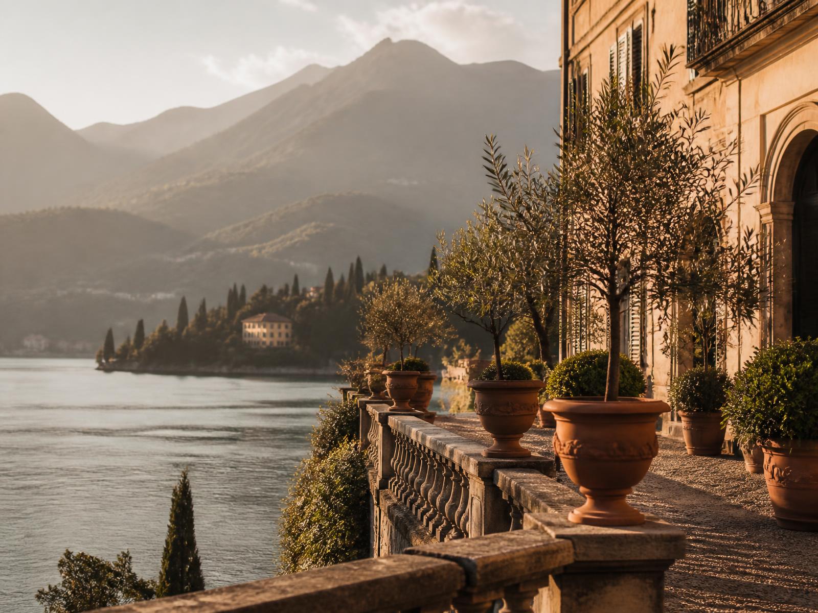 Terrazza di una villa sul Lago di Como al tramonto